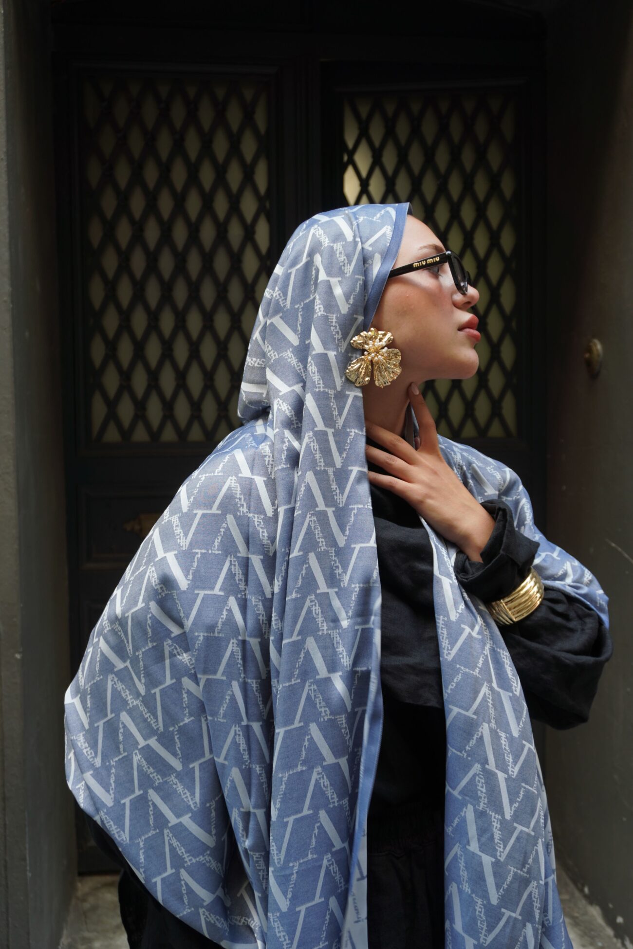 Valentino Çift Taraflı İtalyan Pamuk İpek Şal 44117 - Kot Mavi