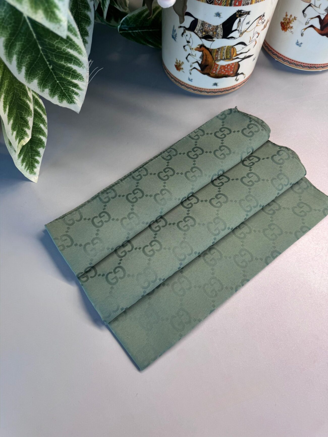 Gucci Desen Pamuk İpeksi Jakar Şal -Soft Haki