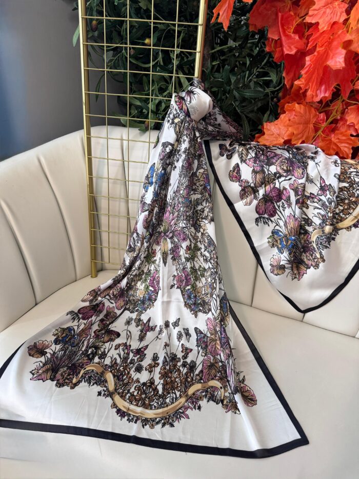 Dior İthal Vual İpek Kelebek Desen Şal - Ekru