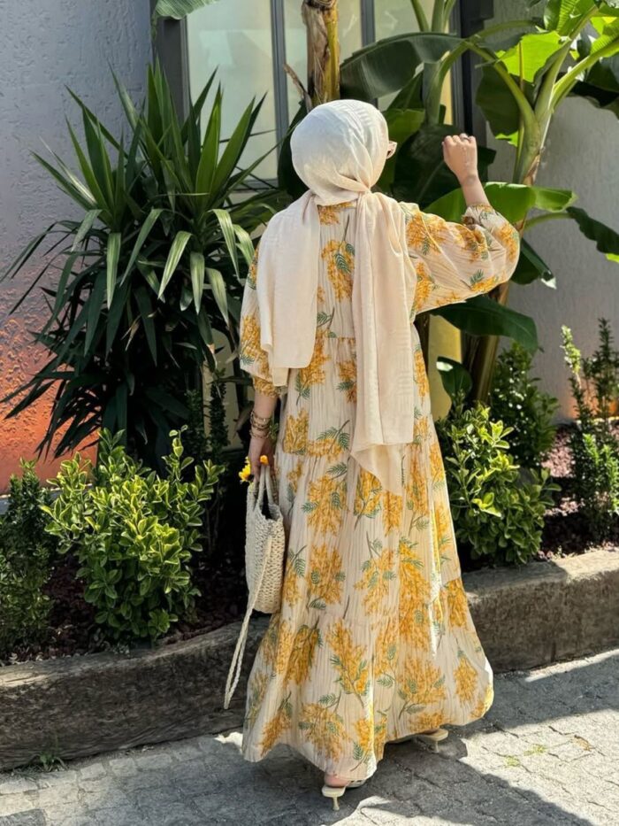 Mimoza Desenli Elbise BÜYÜK BEDEN -Sarı - Görsel 4