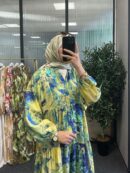 Tropik Rüya Katlı Maxi Elbise - Sarı  ( Şal Hediye )