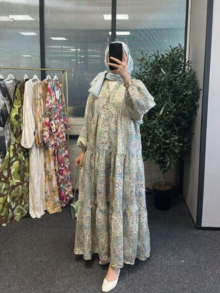 Vintage Mozaik Katlı Elbise - Mint Çini  ( Şal Hediye )