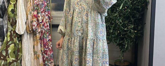 Vintage Mozaik Katlı Elbise - Mint Çini