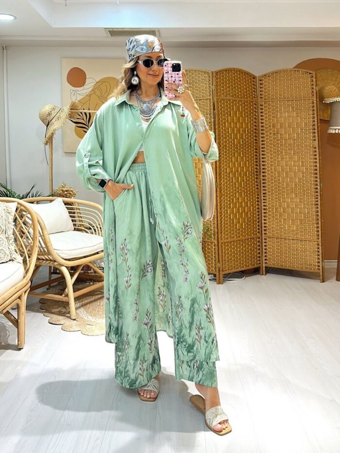 Nil Çiçek Desen İkili Takım TK100141 - Aqua Yeşil - Görsel 3