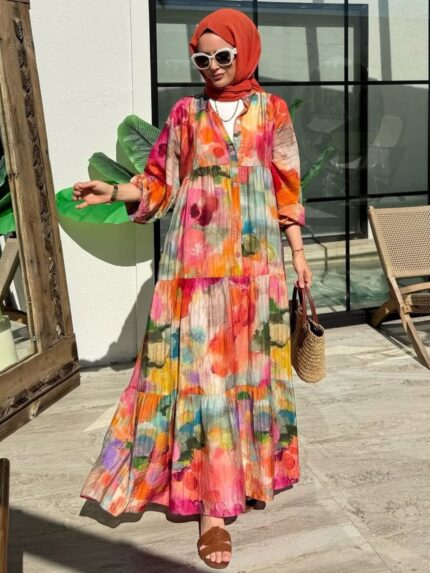 Seren Batik Çiçek Elbise L100202 - Pastel