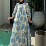 Mimoza Desenli Elbise   L100138  - Mavi (ŞAL HEDİYE)