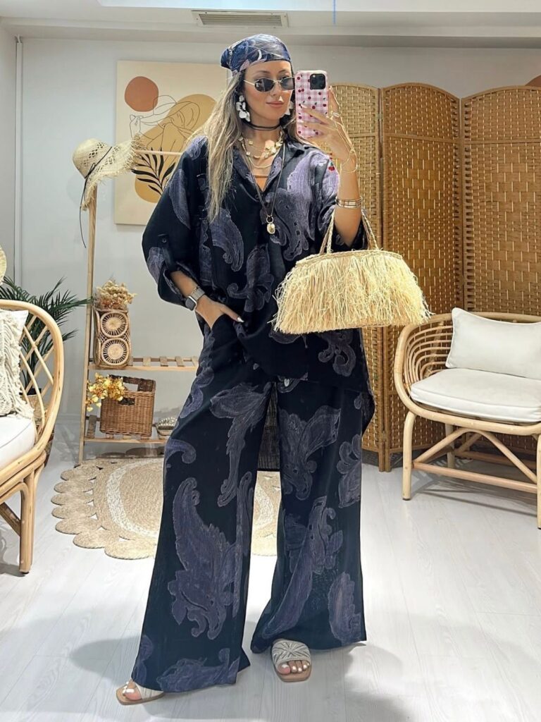 Keten Şal Desen Bol Paça İkili Takım TK100222 -Siyah