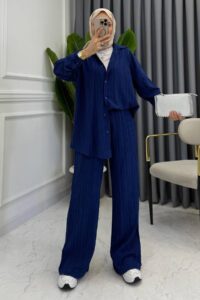 Nora Düğmeli Keten Takım TK10046 – Lacivert