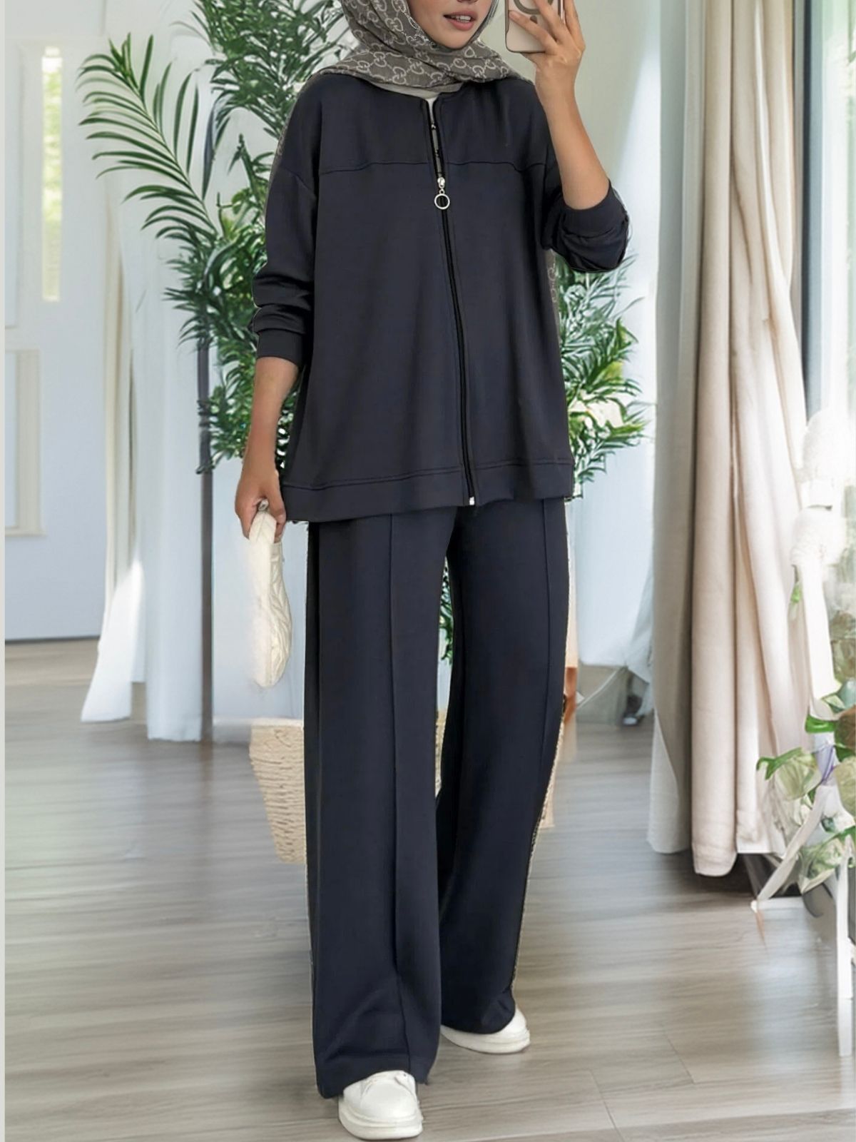 Oysho Fermuarlı Basic İkili Takım BÜYÜK BEDEN  TK2962  -  Füme - Görsel 2