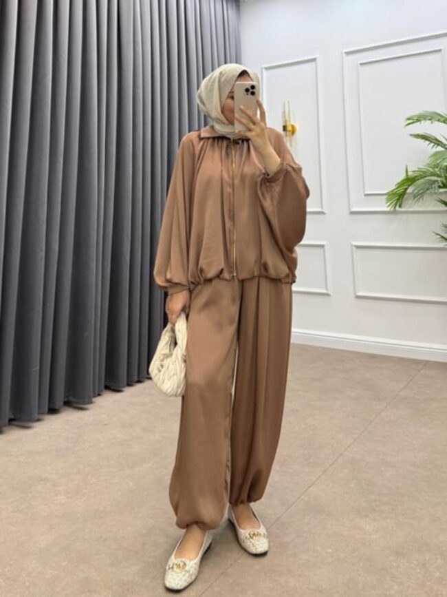 Saten Bomber Ceket Pantolon İkili Takım TK100238 - Taba