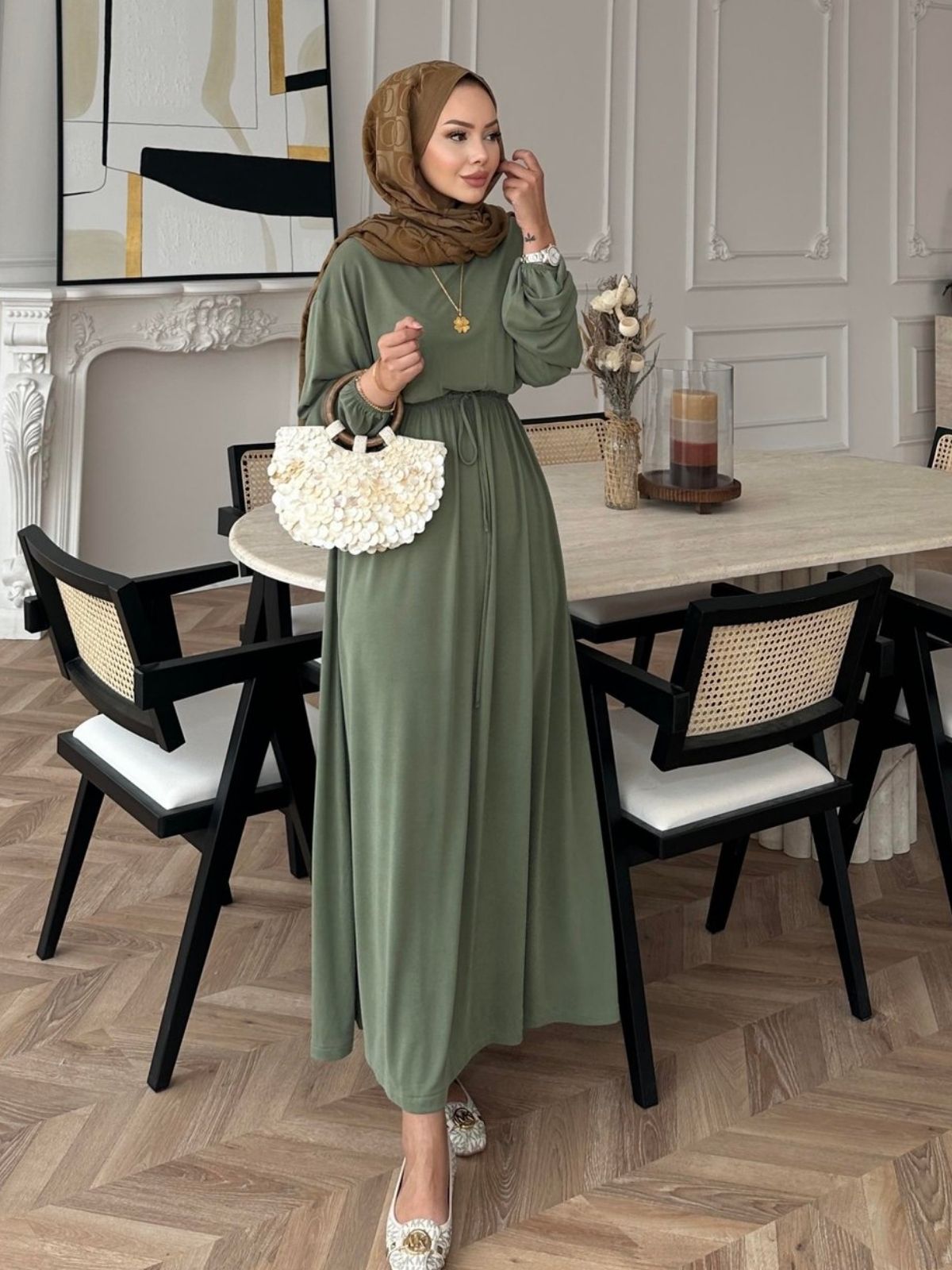 Liona Modal Elbise BÜYÜK BEDEN  L100261 – Haki - Görsel 2