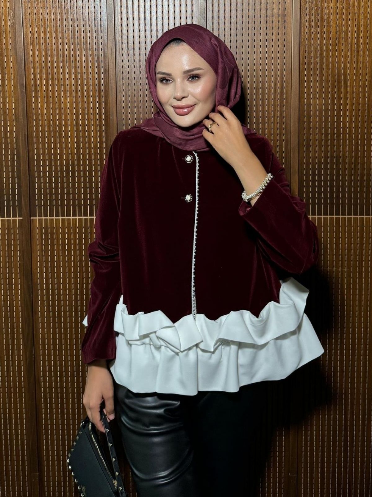 Boncuk Detay Kadife Paris Ceket CKT100262 - Bordo