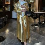 Taş Detaylı Metalik Azalea Etekli Takım TKM100268 - Gold