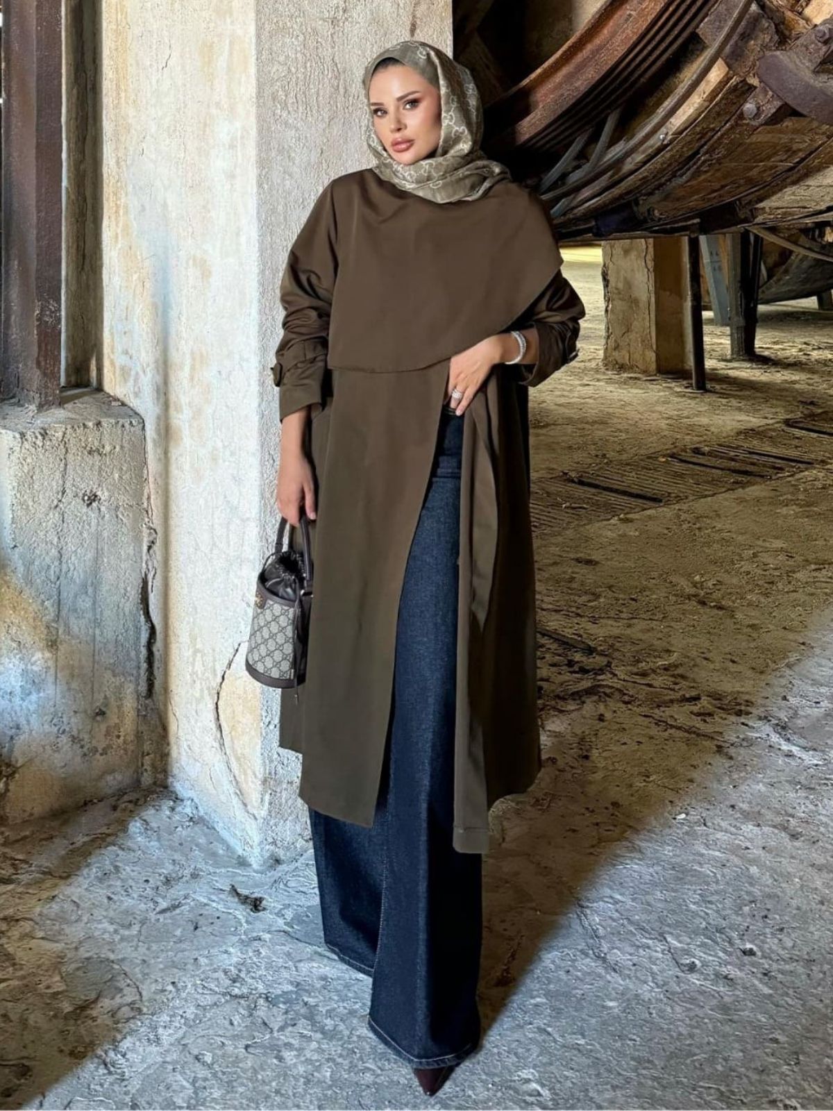 Broşlu Şal Yaka Trençkot DŞ100270 - Acı Kahve