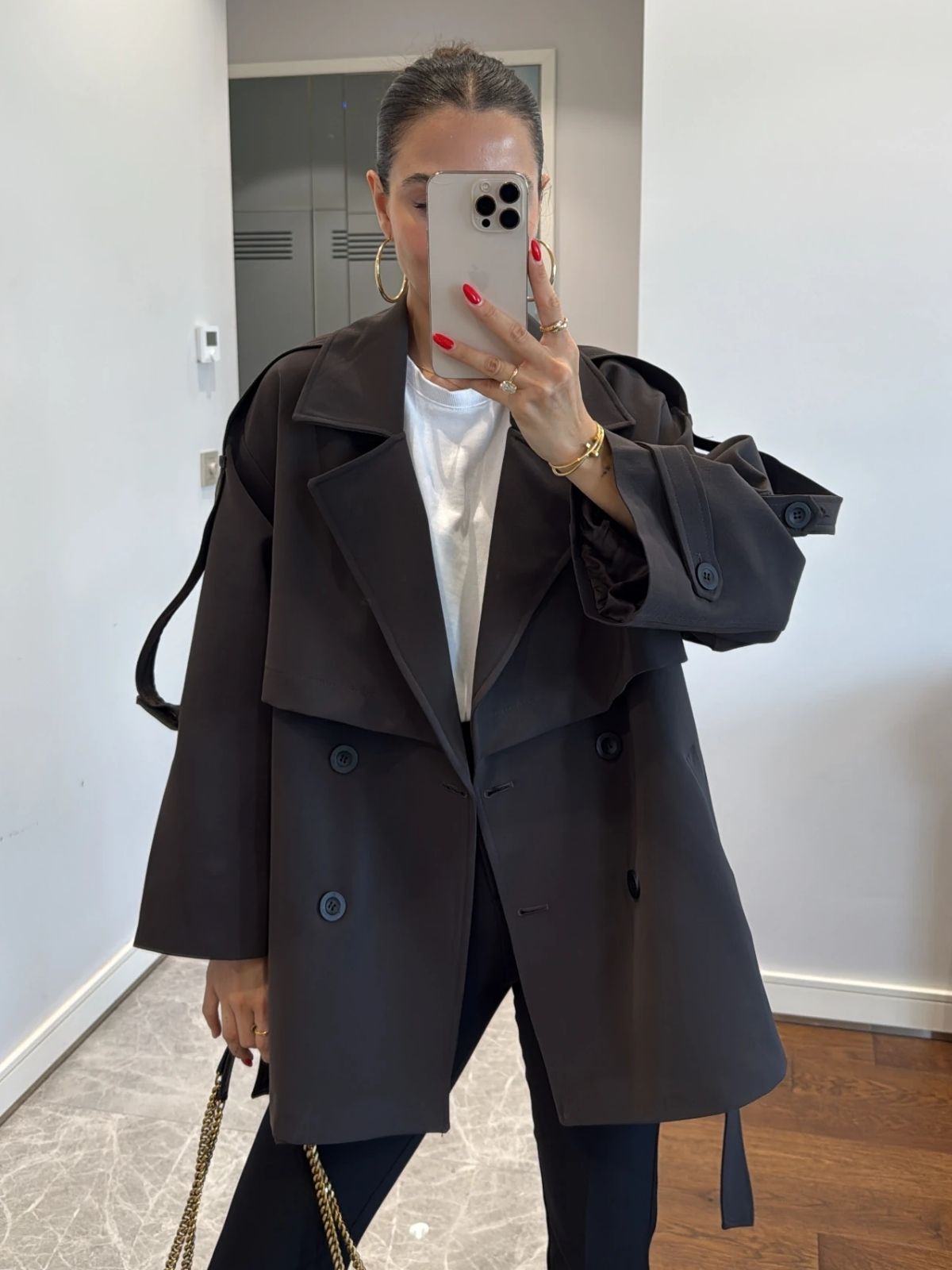 Oversize Omuz Detay Trençkot DŞ100235 - Koyu Kahve