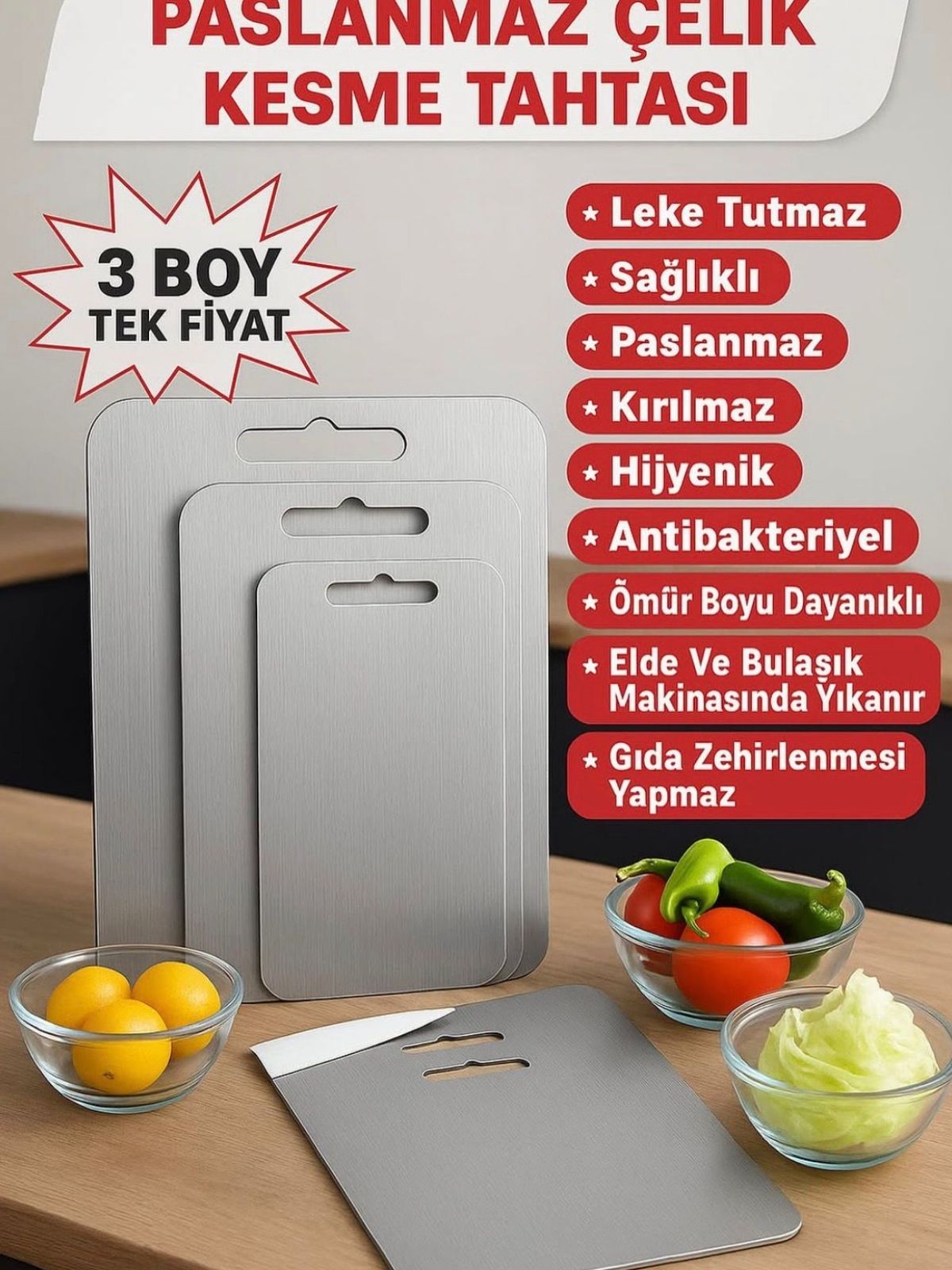 Paslanmaz Çelik Kesme Tahtası 3'lü - EV100245