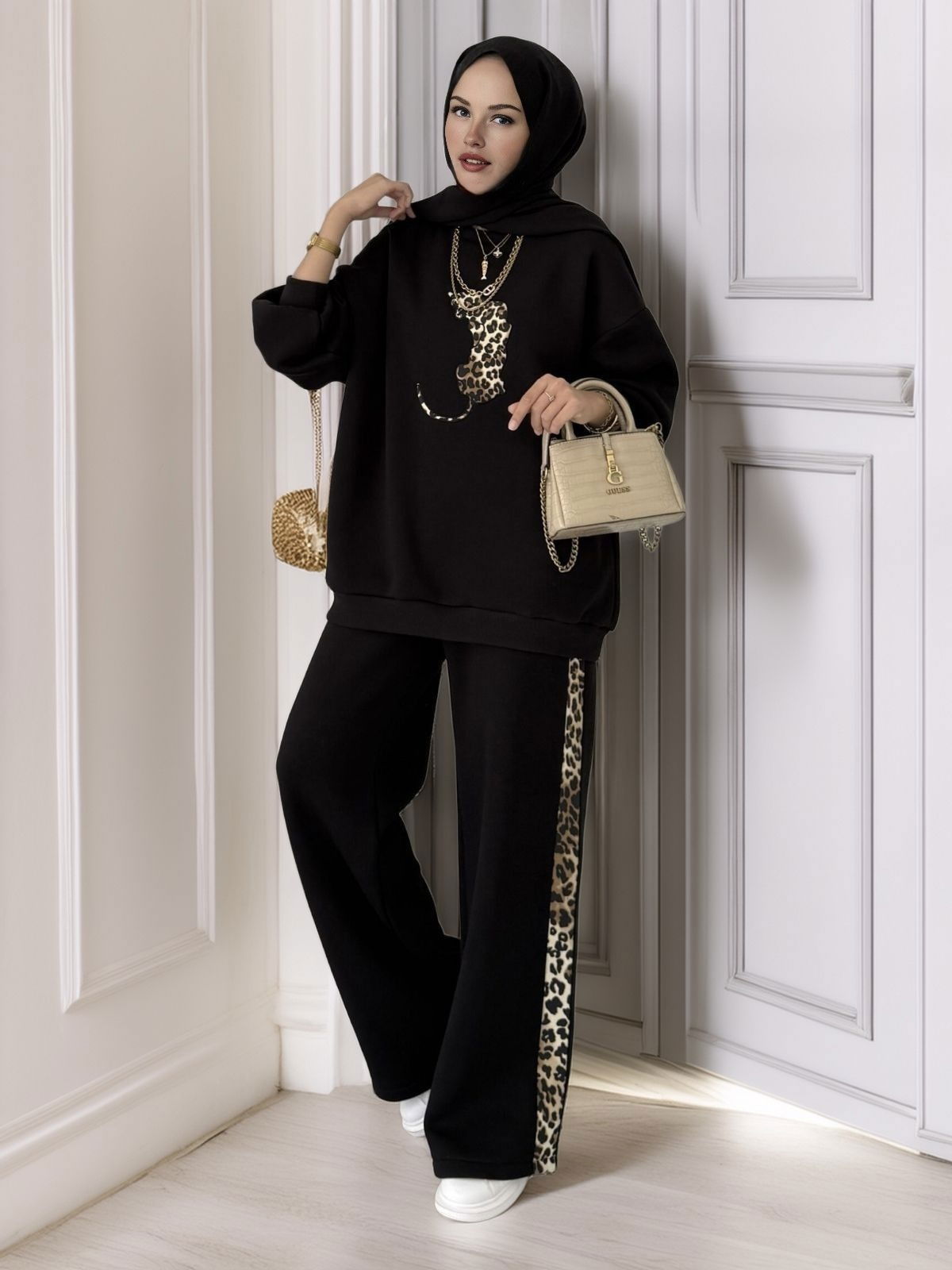 Leopar Nakışlı Şardonlu İkili Takım TK100258 - Siyah
