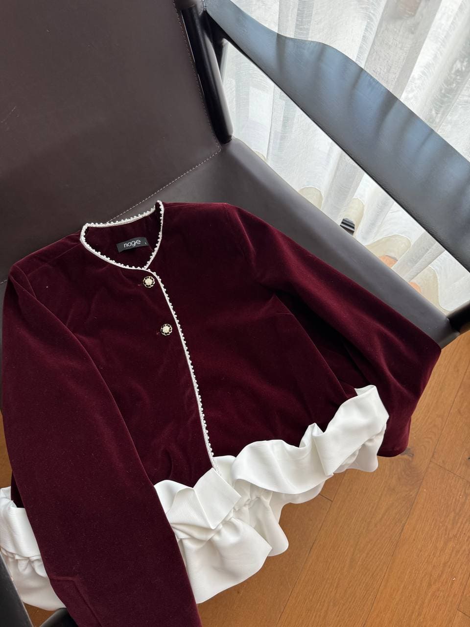 Boncuk Detay Kadife Paris Ceket CKT100262 - Bordo - Görsel 3