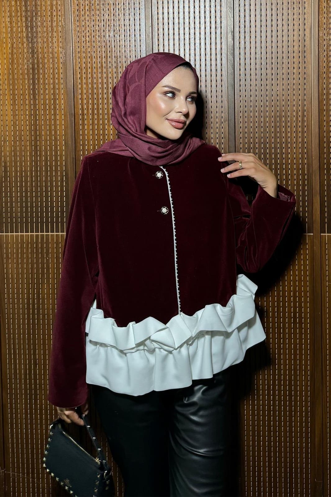 Boncuk Detay Kadife Paris Ceket CKT100262 - Bordo - Görsel 2