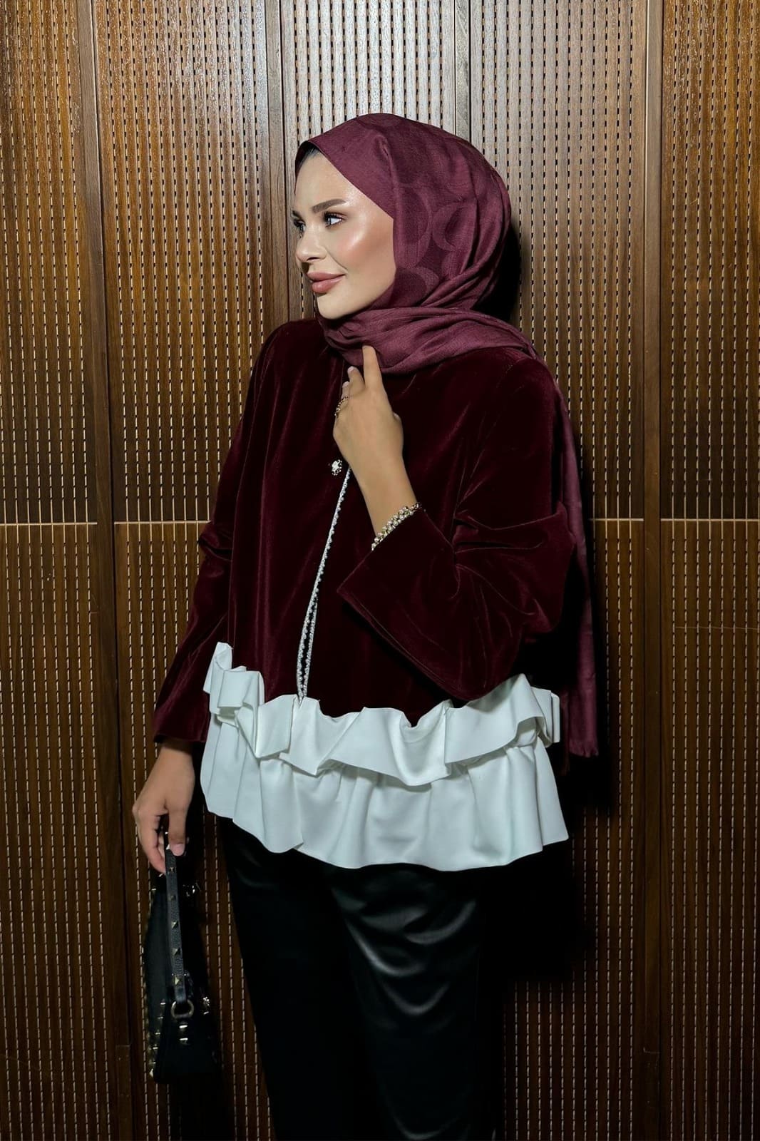 Boncuk Detay Kadife Paris Ceket CKT100262 - Bordo - Görsel 6