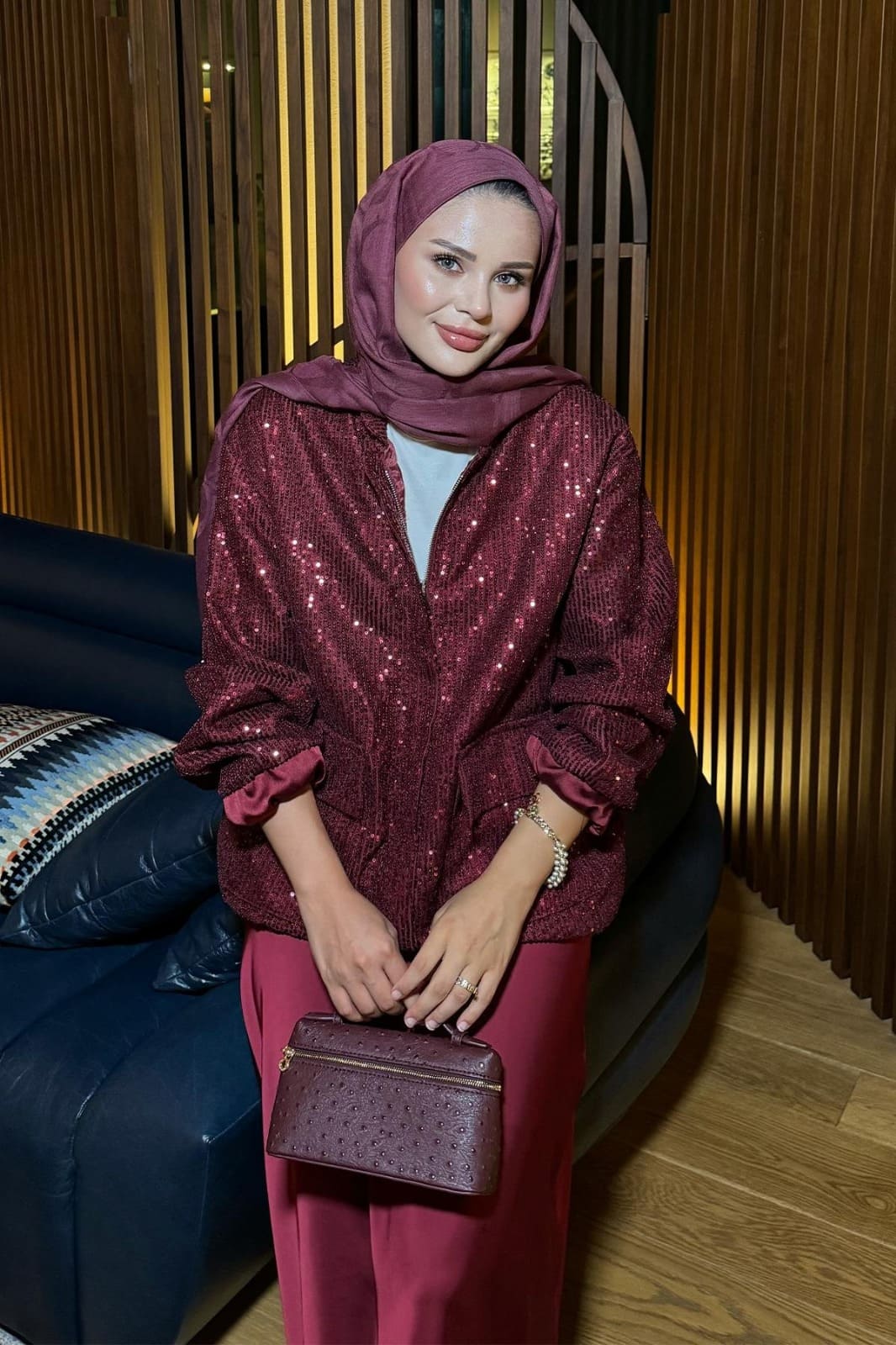 Pullu Gloria Bomber Ceket CKT100265 - Bordo - Görsel 4