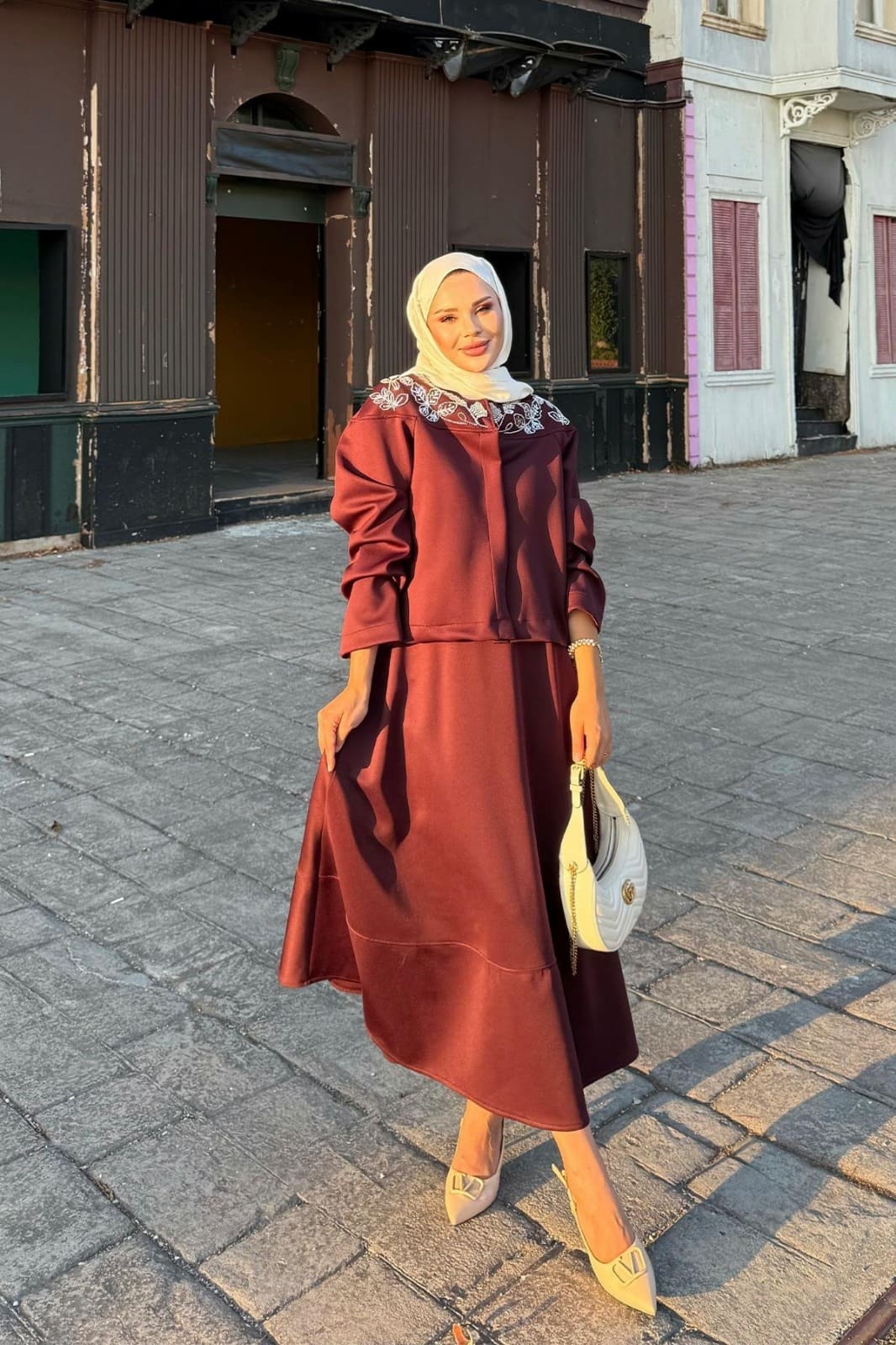 Mina Taş İşlemeli Etekli  Scuba İkili Takım TKM100269 - Bordo - Görsel 5
