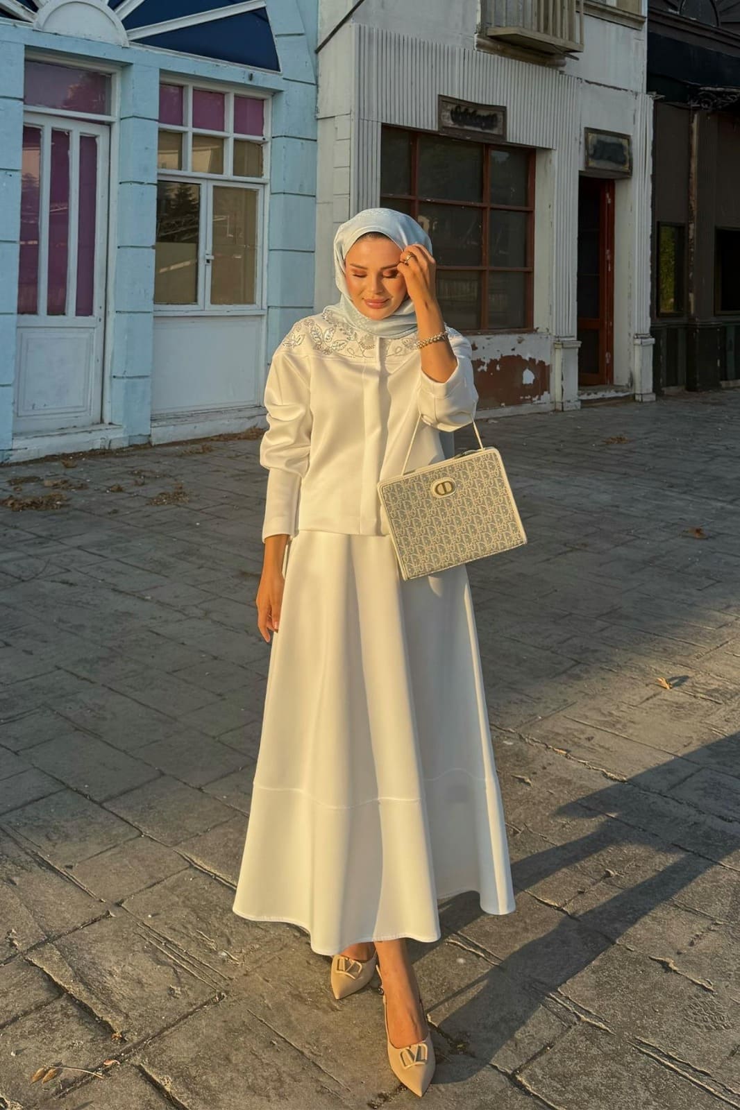 Mina Taş İşlemeli Etekli  Scuba İkili Takım TKM100269 - Beyaz - Görsel 5