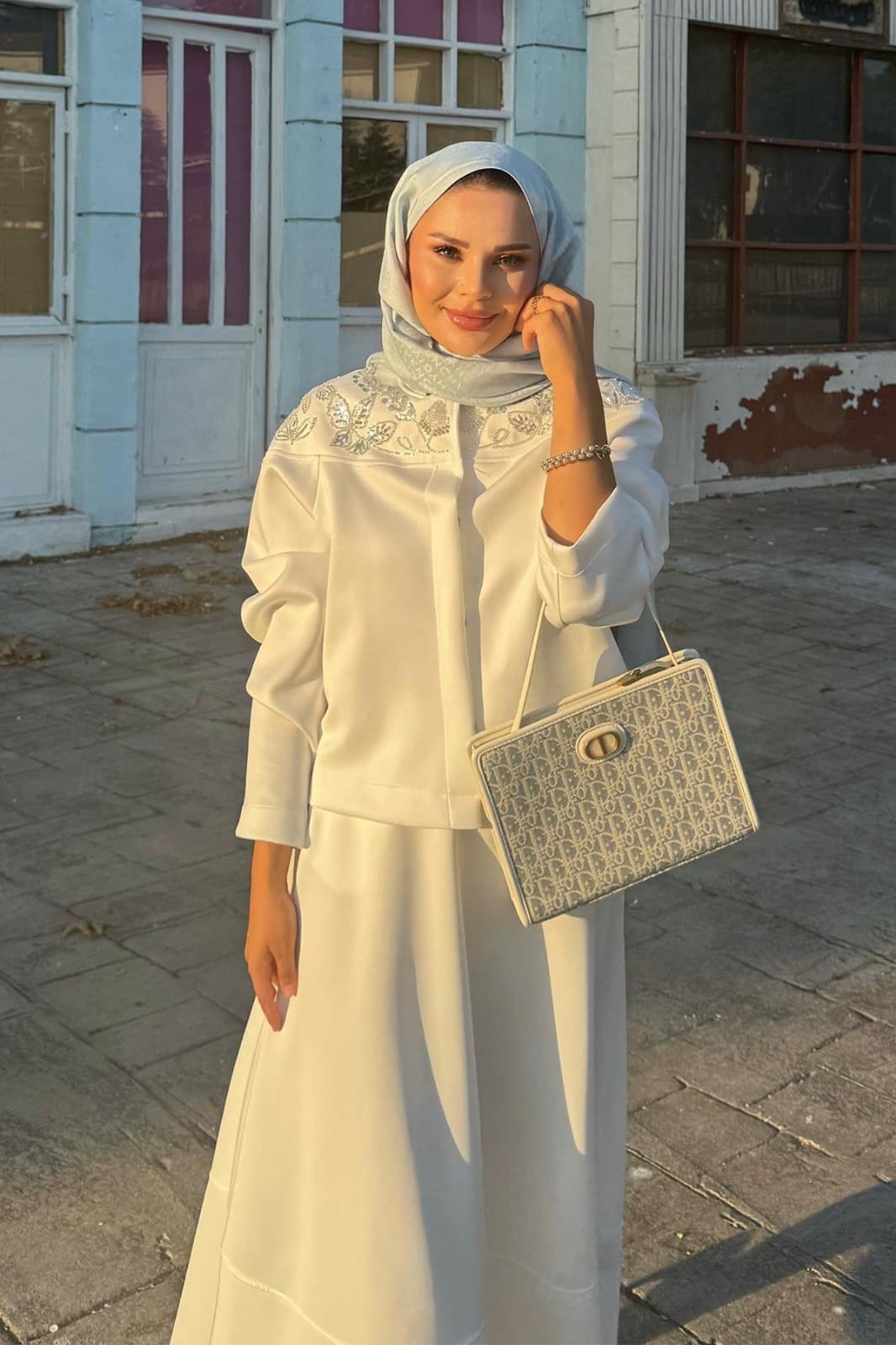 Mina Taş İşlemeli Etekli  Scuba İkili Takım TKM100269 - Beyaz - Görsel 3
