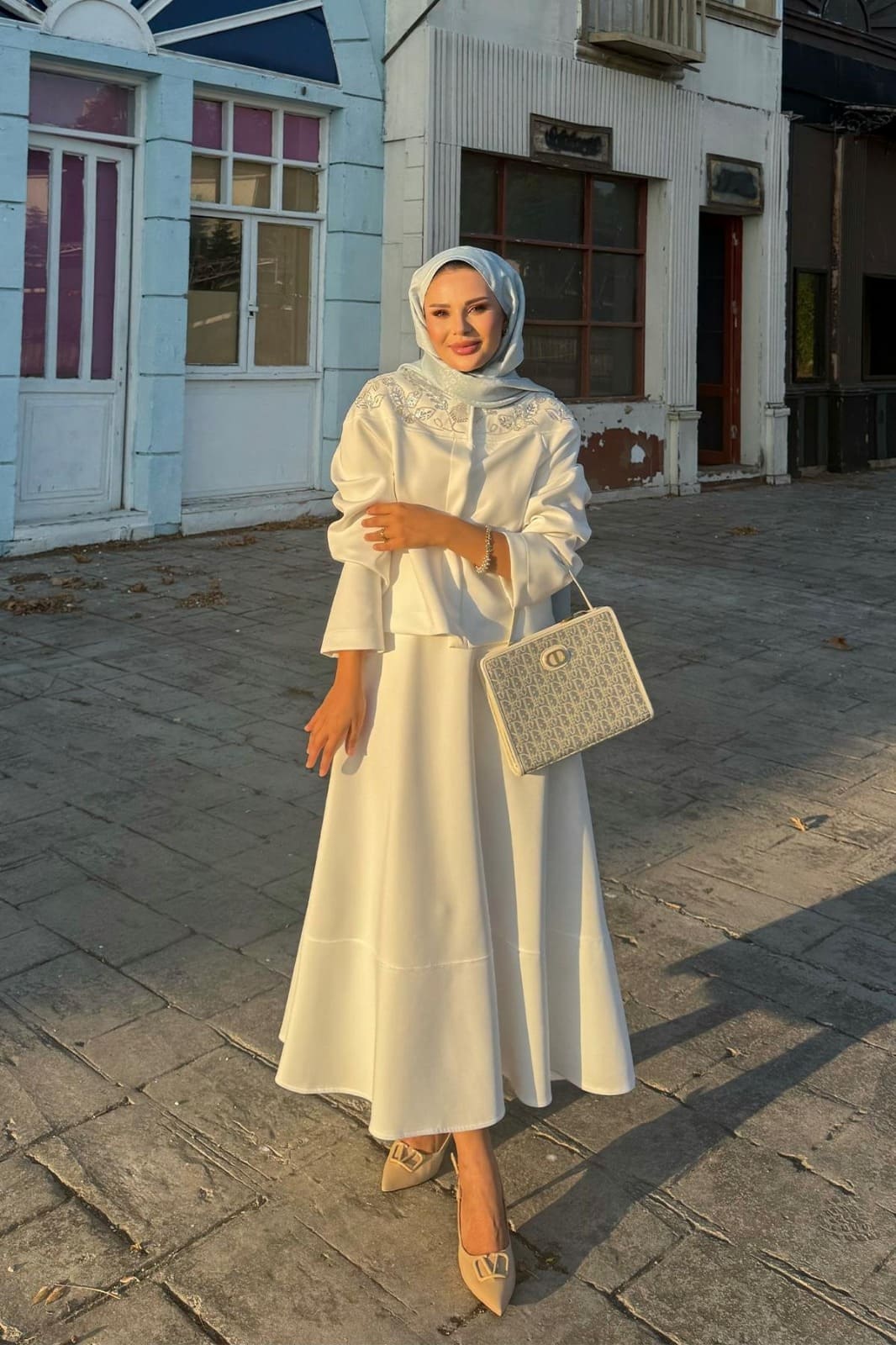Mina Taş İşlemeli Etekli  Scuba İkili Takım TKM100269 - Beyaz