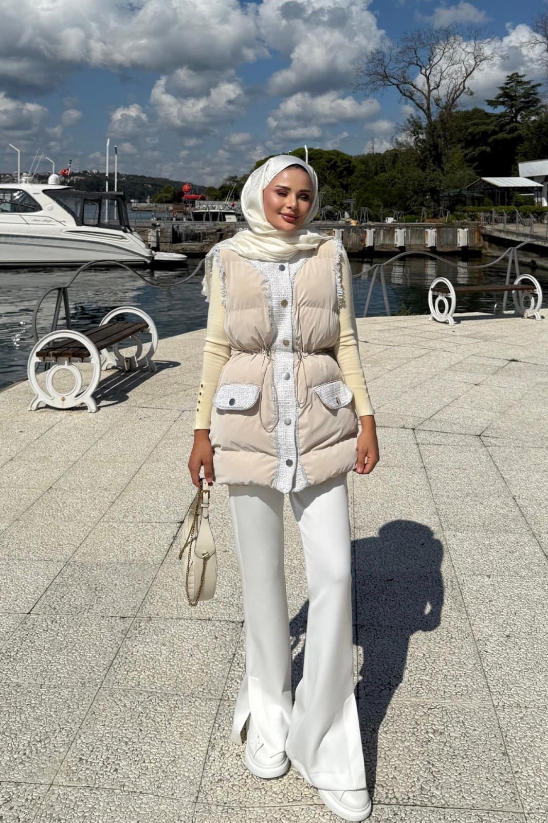 Belden Oturtmalı Sıfır Kol Şişme Yelek DŞ100272 –  Krem - Görsel 2