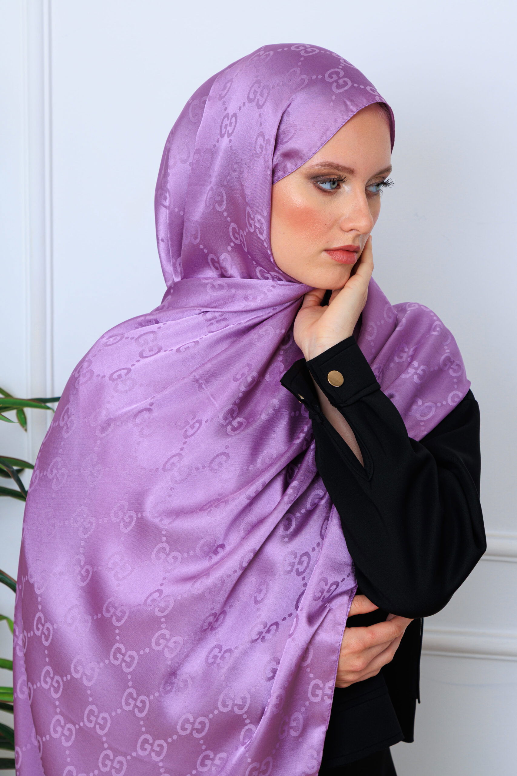 G Desen Pamuk İpeksi Jakar Şal - Lavanta - Görsel 4