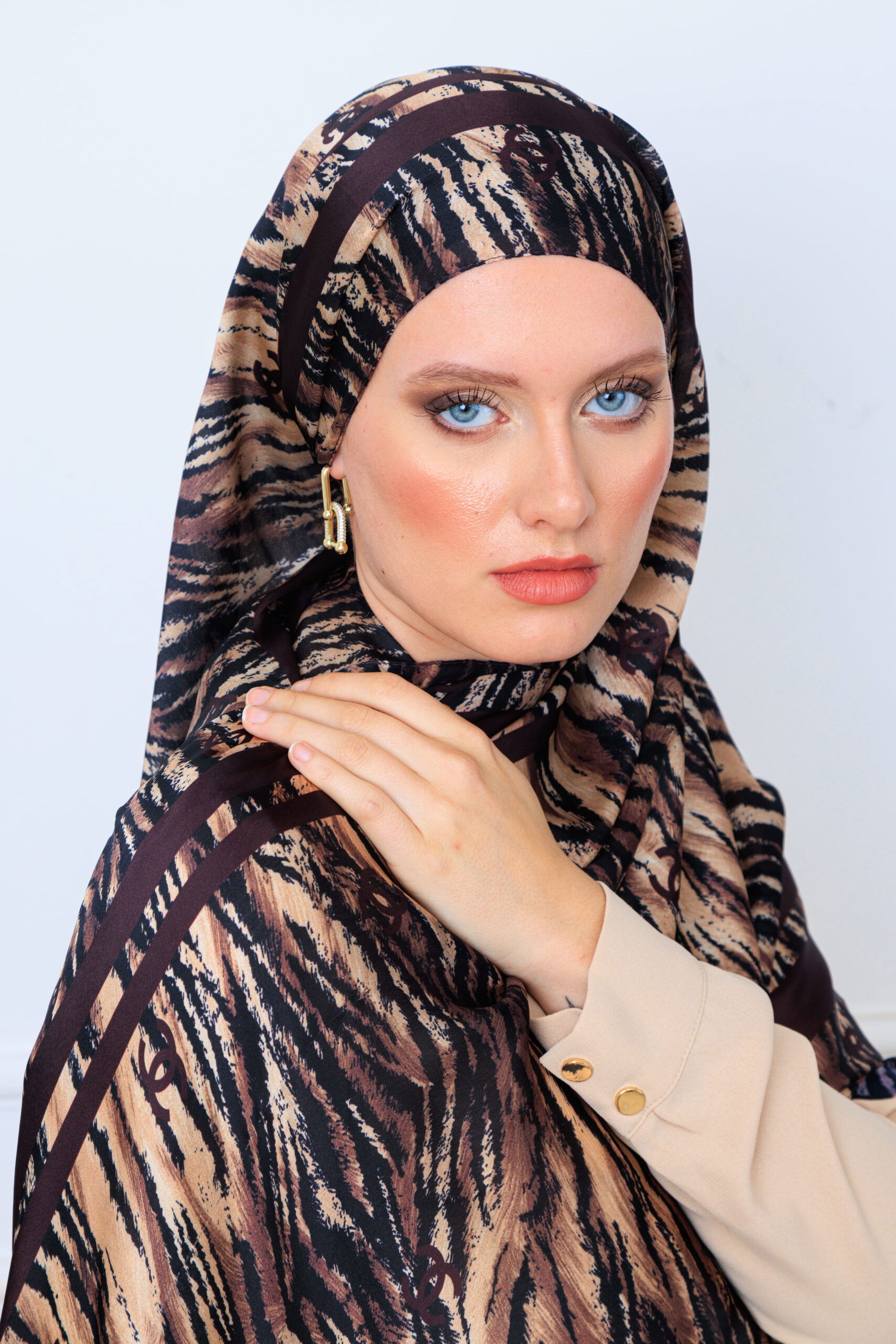 Channel Çizgili leopar çifttaraflı vual ipek şal-43080 Koyu kahve