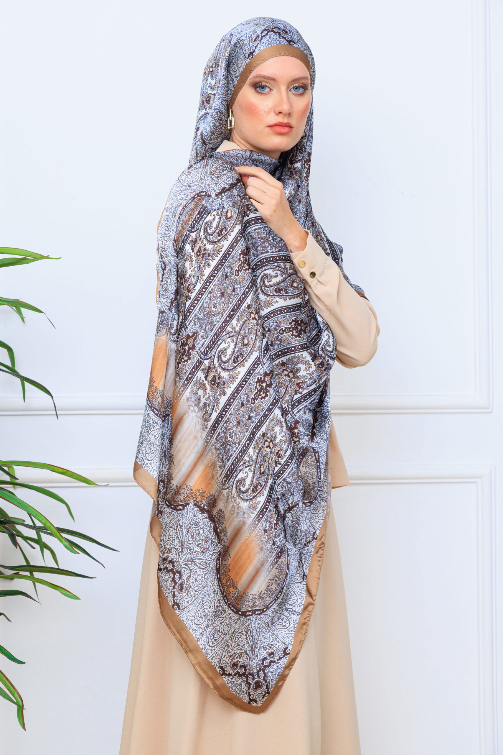 Etro Marka Yeni Sezon İthal Etnik Desen Vual İpek Şal - Bal Köpüğü - Görsel 4