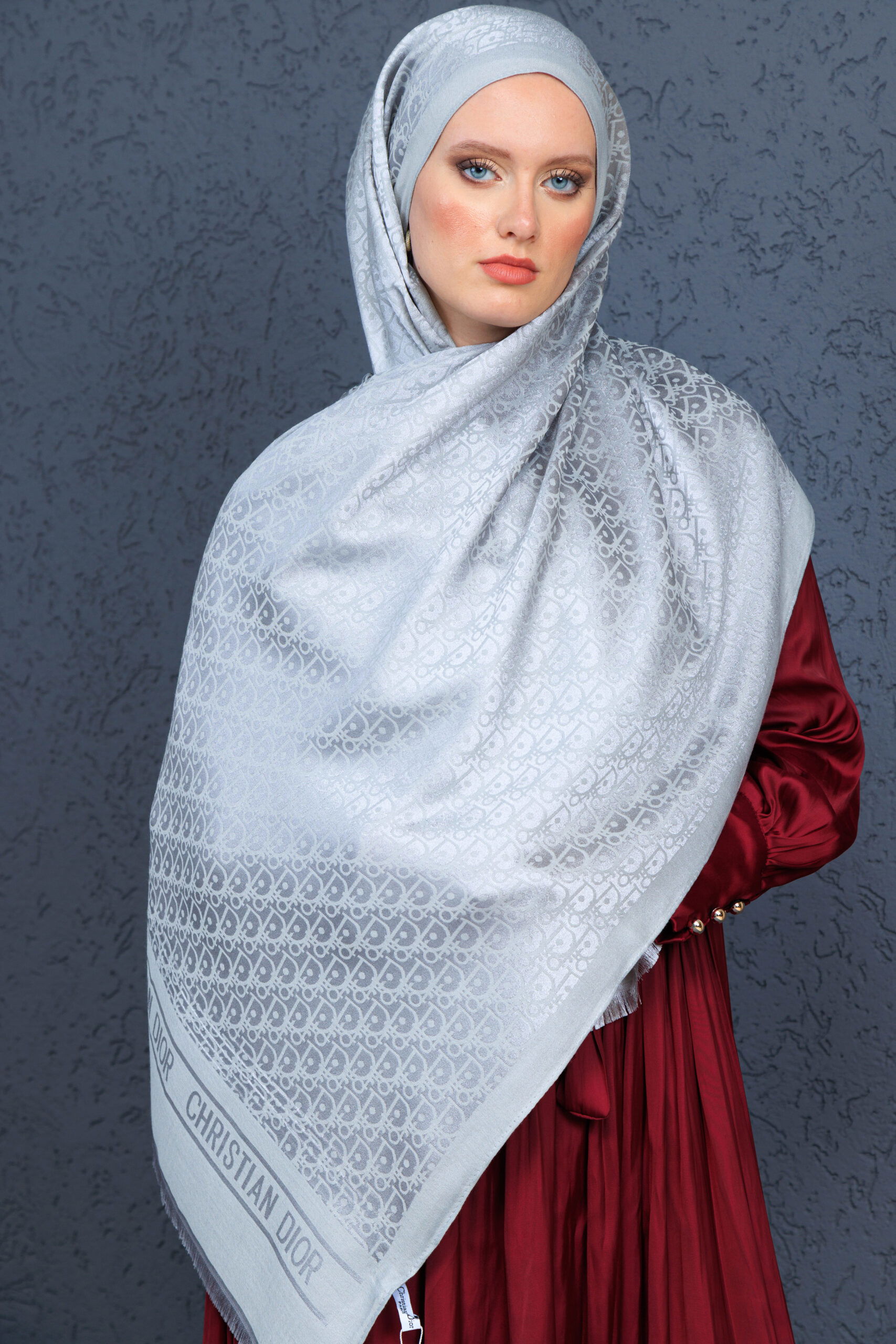 Dior İthal Yün İpek Şal Tam Set Kutulu Sertifikalı-Gri