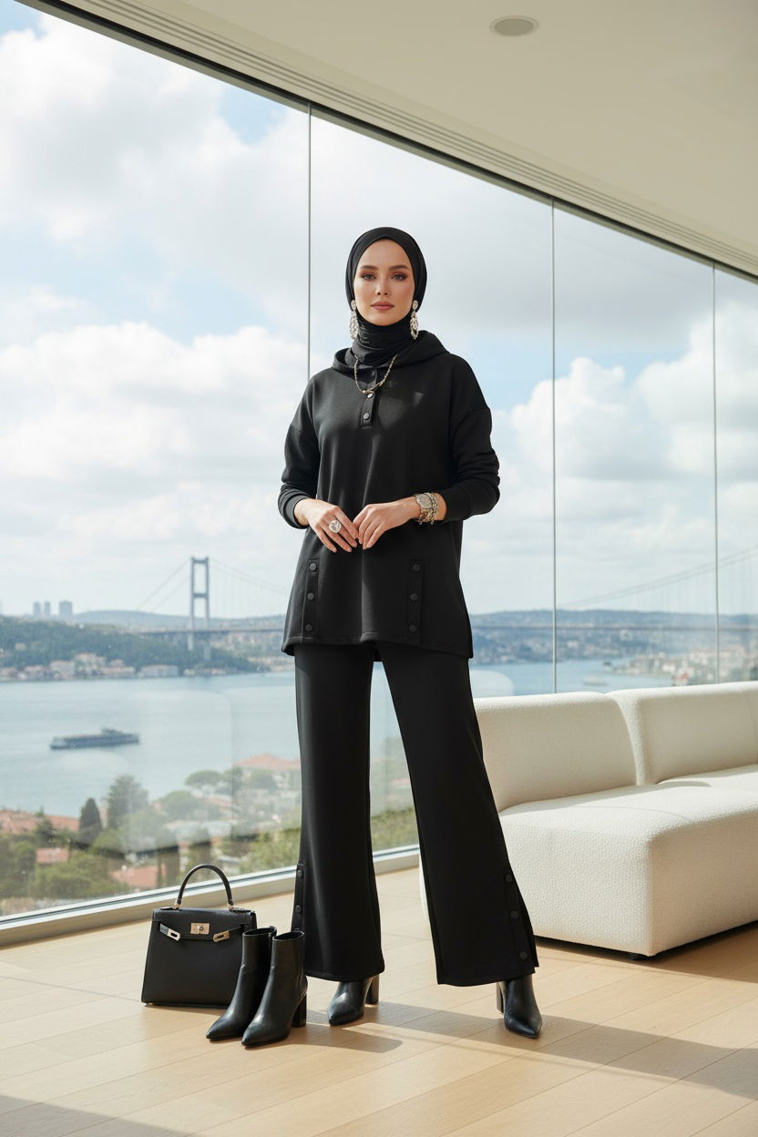 Premium Çıtçıtlı Dotta İkili Takım TK100301  - Siyah