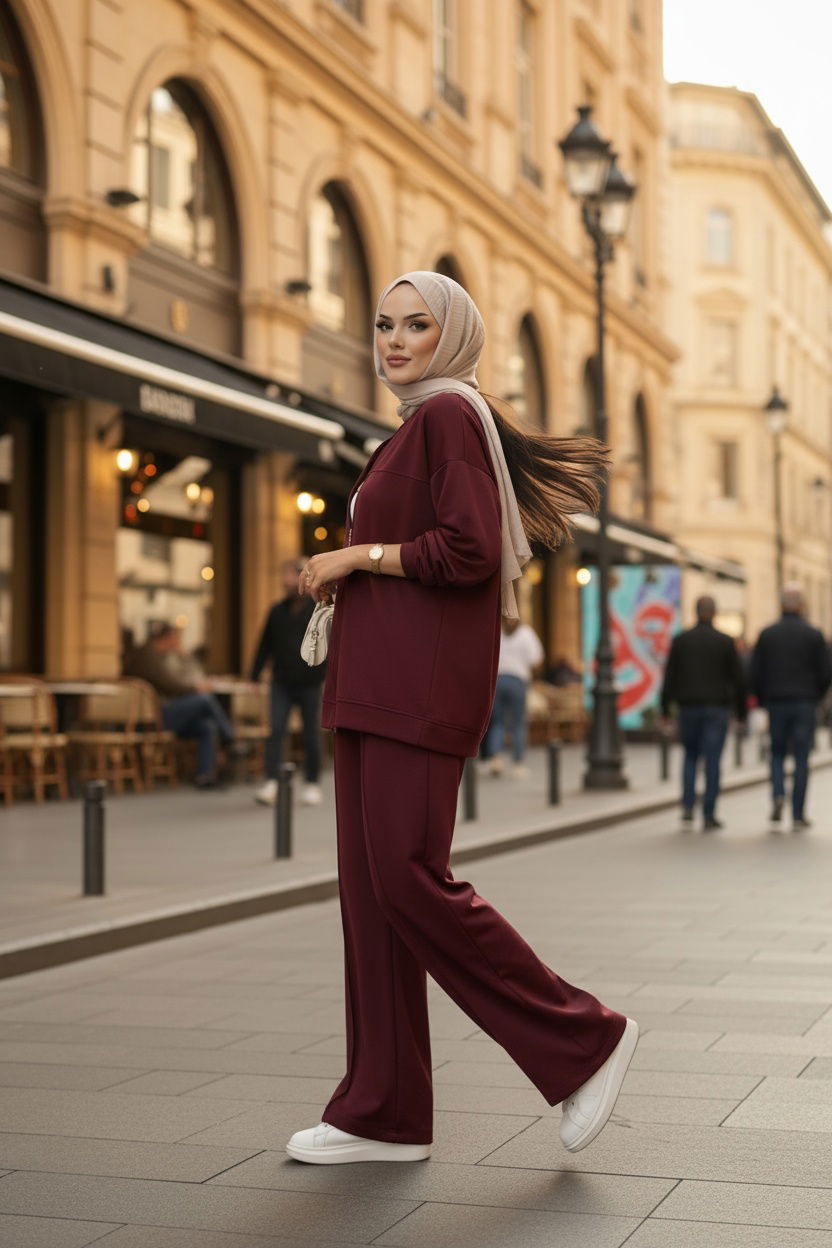 Premium Fermuarlı Basic İkili Takım TK2962  - Bordo - Görsel 2