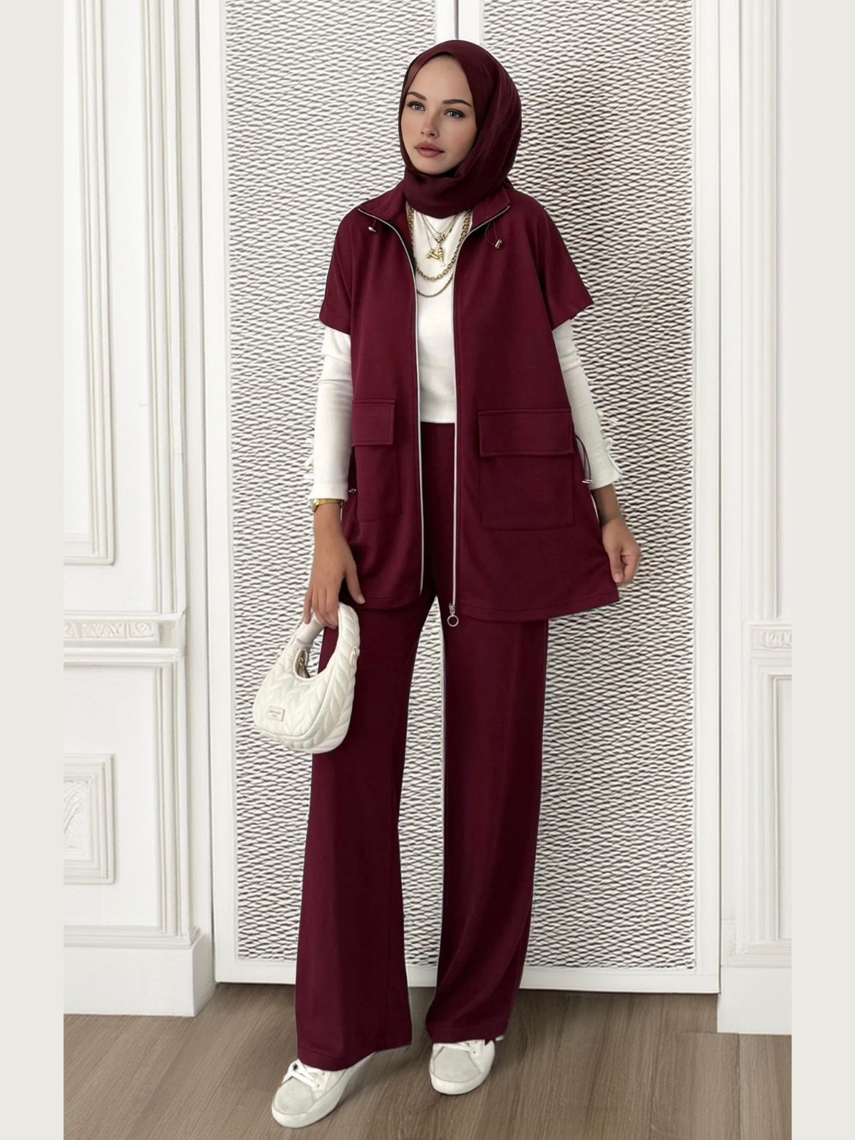 Premium Oysho  Yelekli İkili Takım TK100249  - Bordo