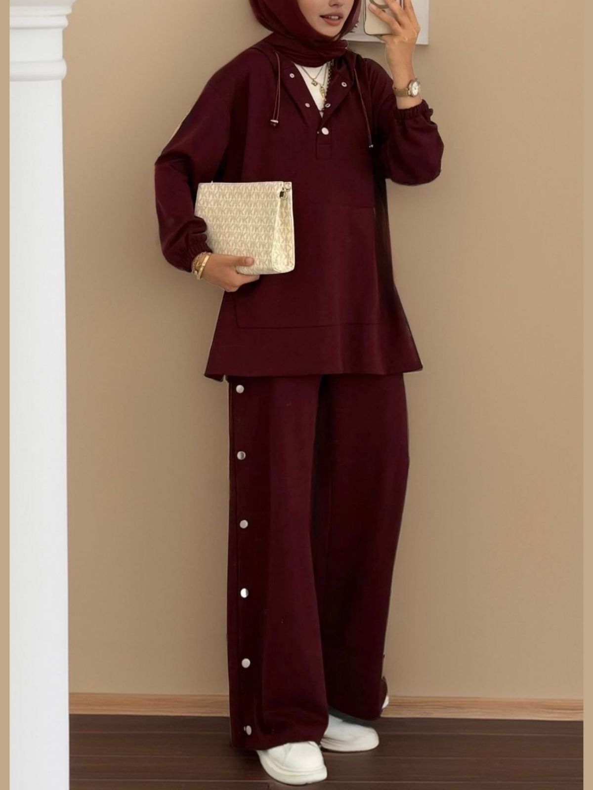 Premium Oysho Çıtçıtlı ı İkili Takım TK100242  - Bordo - Görsel 2