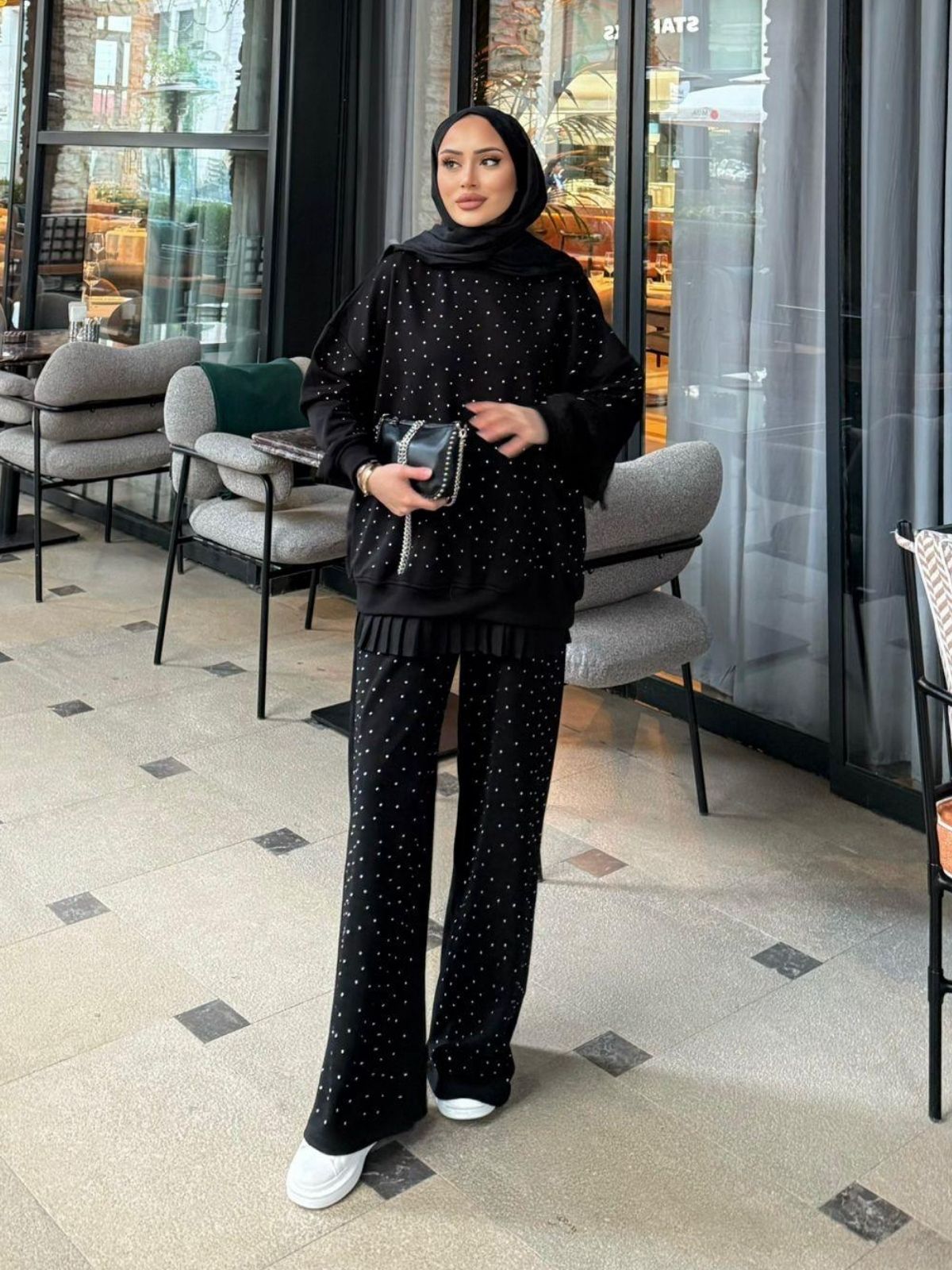 Taşlı Oysho İkili Takım TK100291 - Siyah