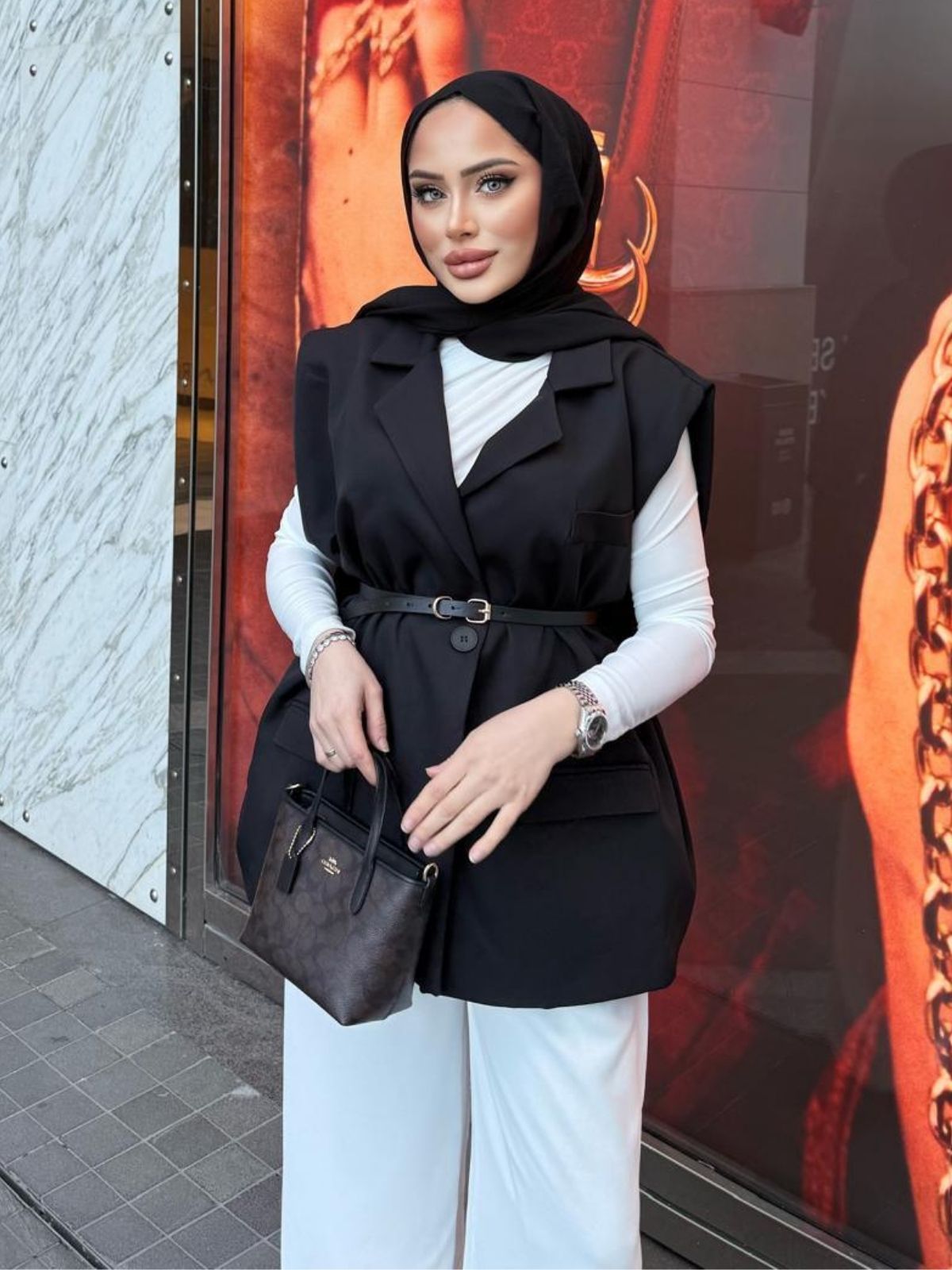 Vatka Detaylı Yelek (Kemer Hediyeli)  DŞ100298 - Siyah - Görsel 2