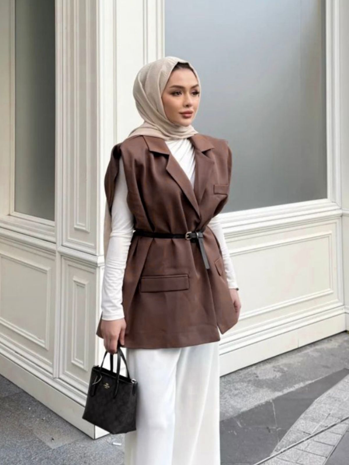 Vatka Detaylı Yelek (Kemer Hediyeli) DŞ100298 - Acı Kahve - Görsel 2