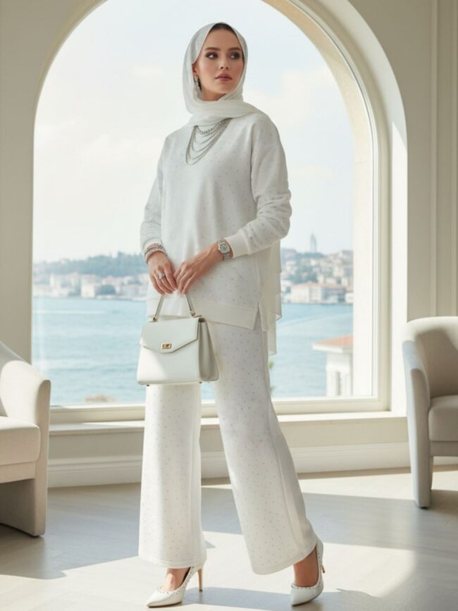 Taşlı Oysho İkili Takım TK100291 - Beyaz