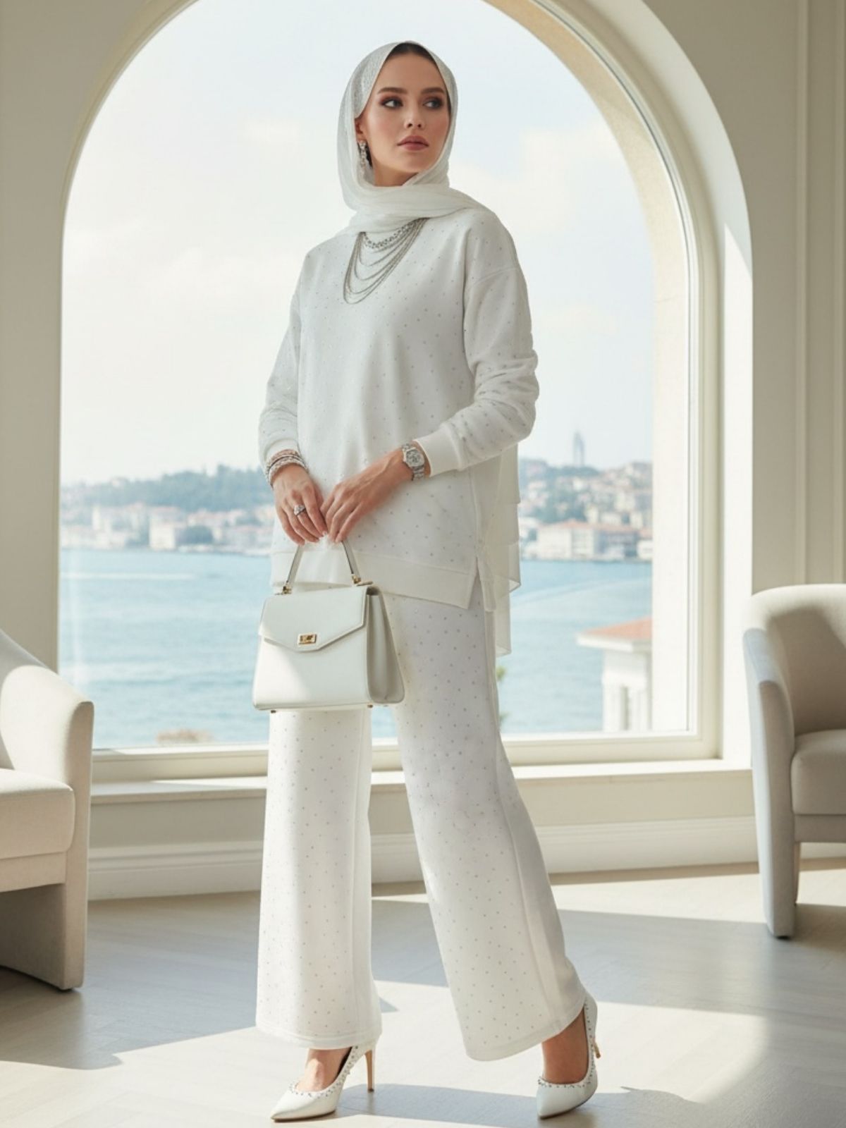 Taşlı Oysho İkili Takım TK100291 - Beyaz