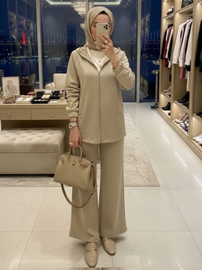 Premium Cep Fermuarlı Oysho İkili Takım TK100300  - Bej