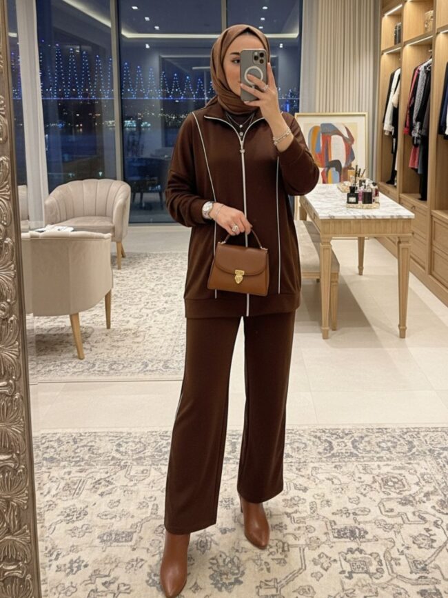 Premium Oysho Şeritli İkili Takım TK100244  -Acı Kahve