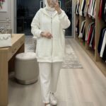 Taşlı Kapüşonlu Sweat Hırka HRK100365 - Beyaz