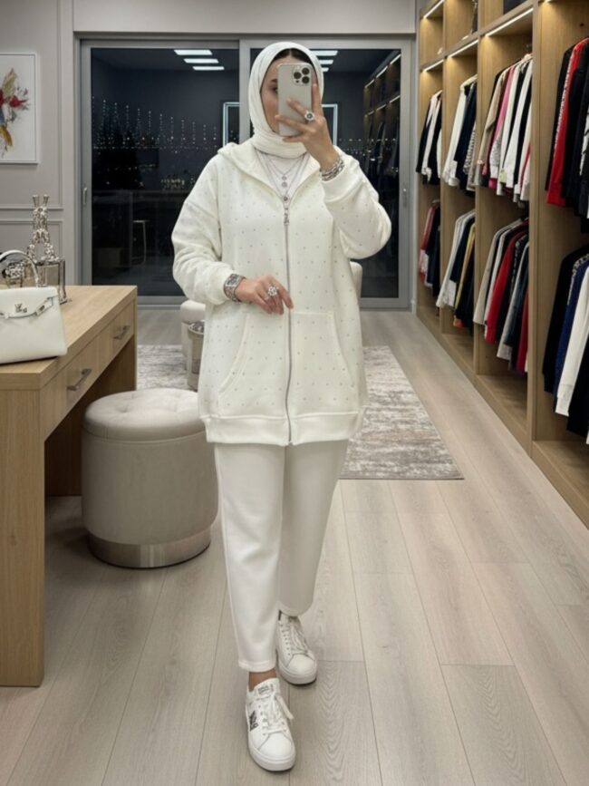 Taşlı Kapüşonlu Sweat Hırka HRK100365 - Beyaz