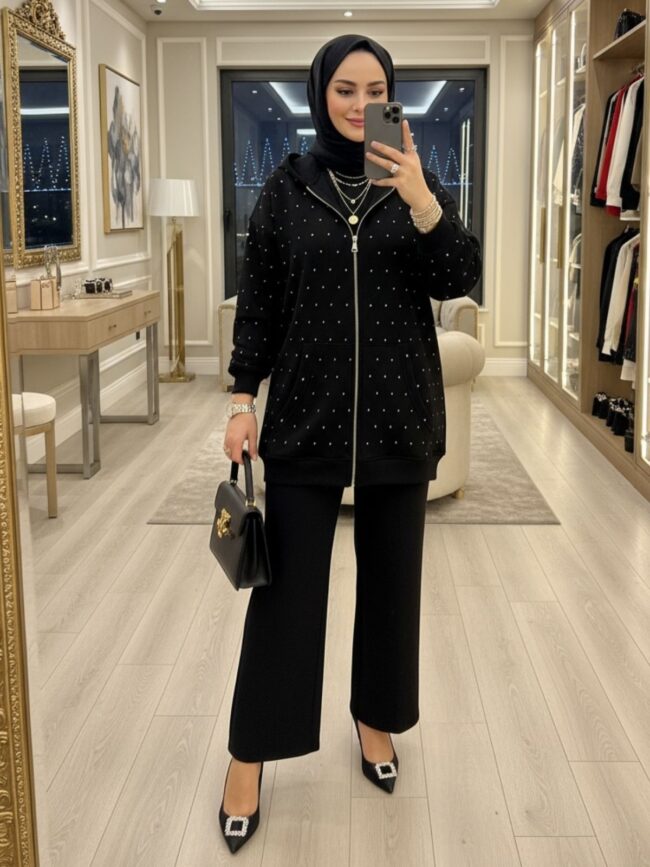 Taşlı Kapüşonlu Sweat Hırka HRK100365 - Siyah