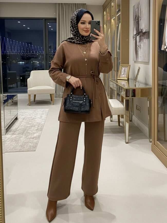 Premium Oysho Düğmeli İkili Takım TK2968 - Taba