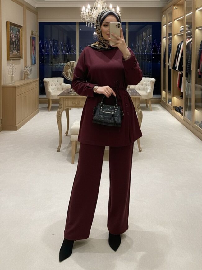 Premium Oysho Düğmeli  İkili Takım TK2968  - Bordo